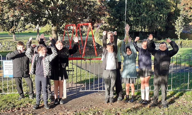 The new play equipment is officially opened by the Mayor and Pupils of Boroughbridge Primary School